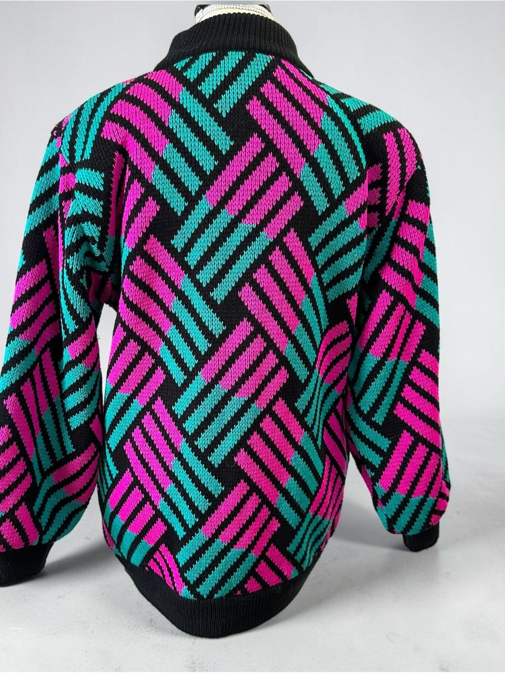 Vintage 80s Chori Oversized Colourblock Geometric Knit Bomber Jacket Pink Teal S - Picture 5 of 10